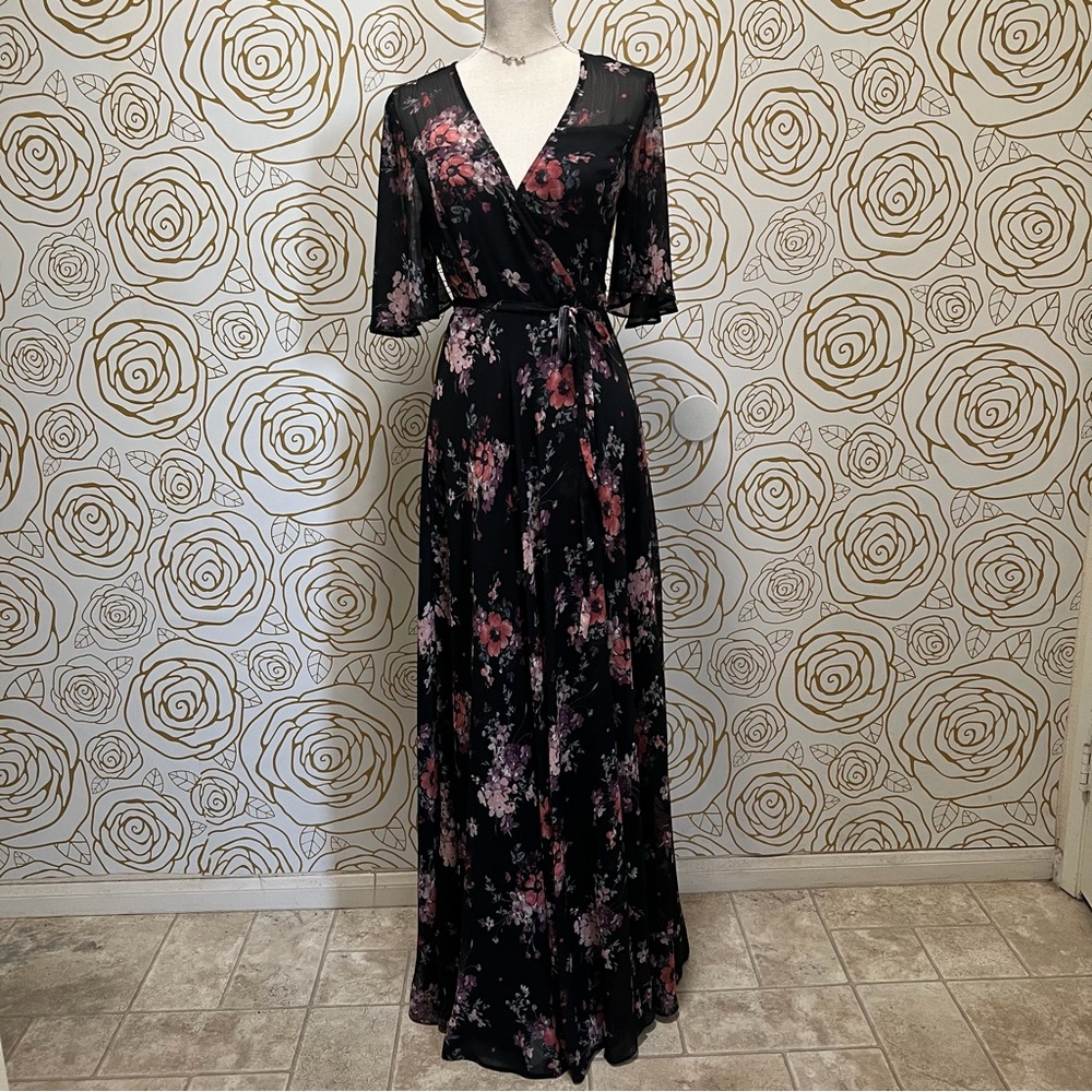 Bloomingdales Aqua Black Floral Flowy V-Neck Maxi Wrap Dress